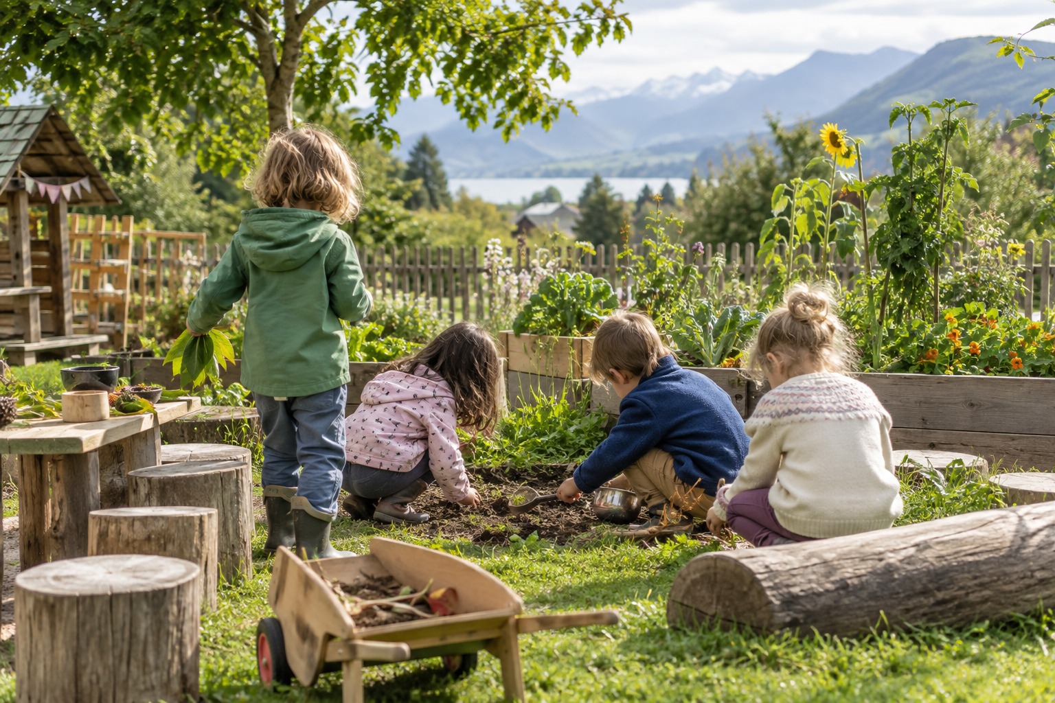 Enfants jouant et explorant ensemble dans un jardin pédagogique
